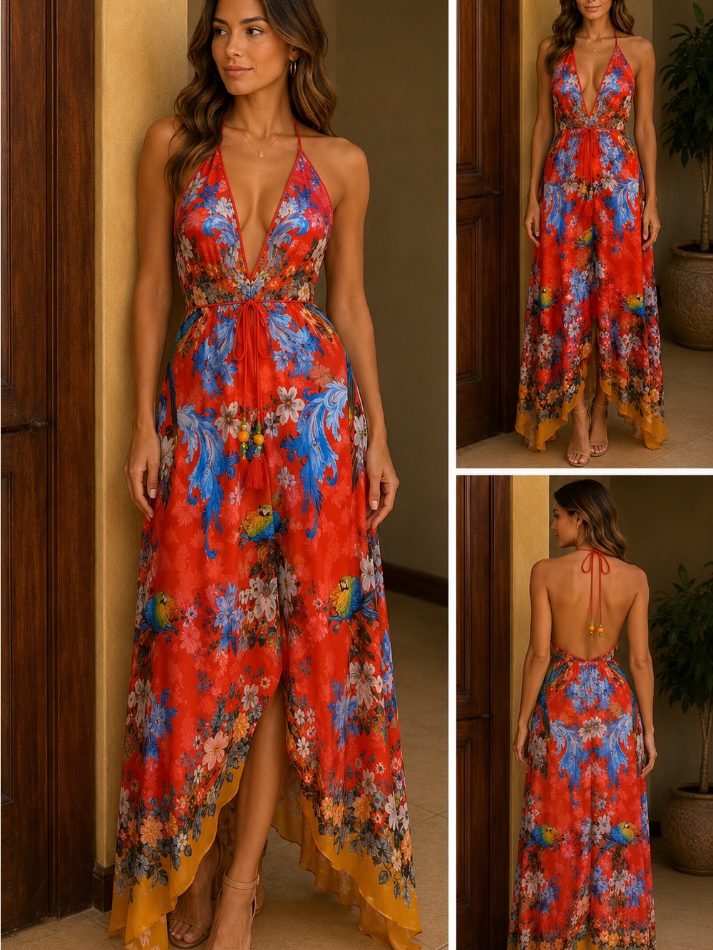NWOT Shahida Parides Floral Parrot Halter Maxi Dress High Low